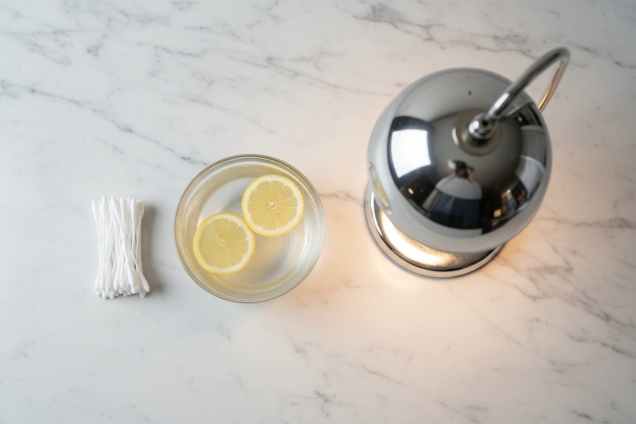 ariel shot of a small pile of cotton swabs, a small bowl with water and lemon slices and a heating lamp all on a marble countertop