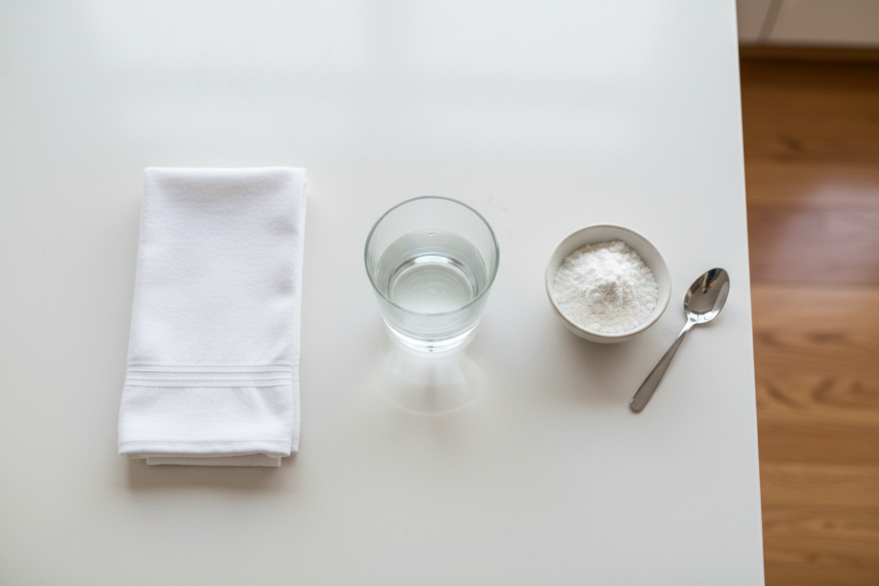cup of water, cornstarch, and hand towel on counter in an arial shot