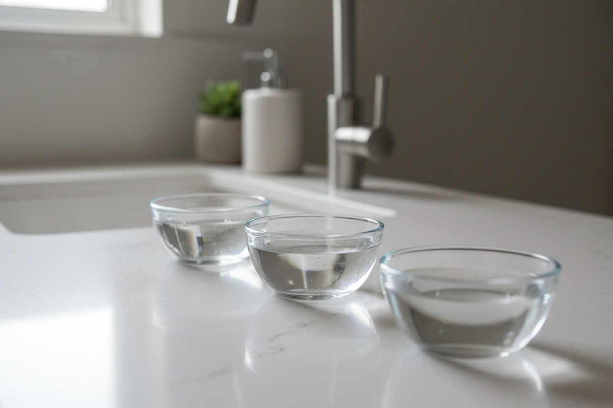 three small bowls of water on a counter